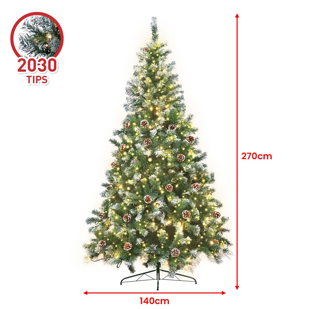 Christabelle 2.7m 9ft Pre-Lit LED Artificial Christmas Tree with Snow Tipped Needles Pine Cones Stand