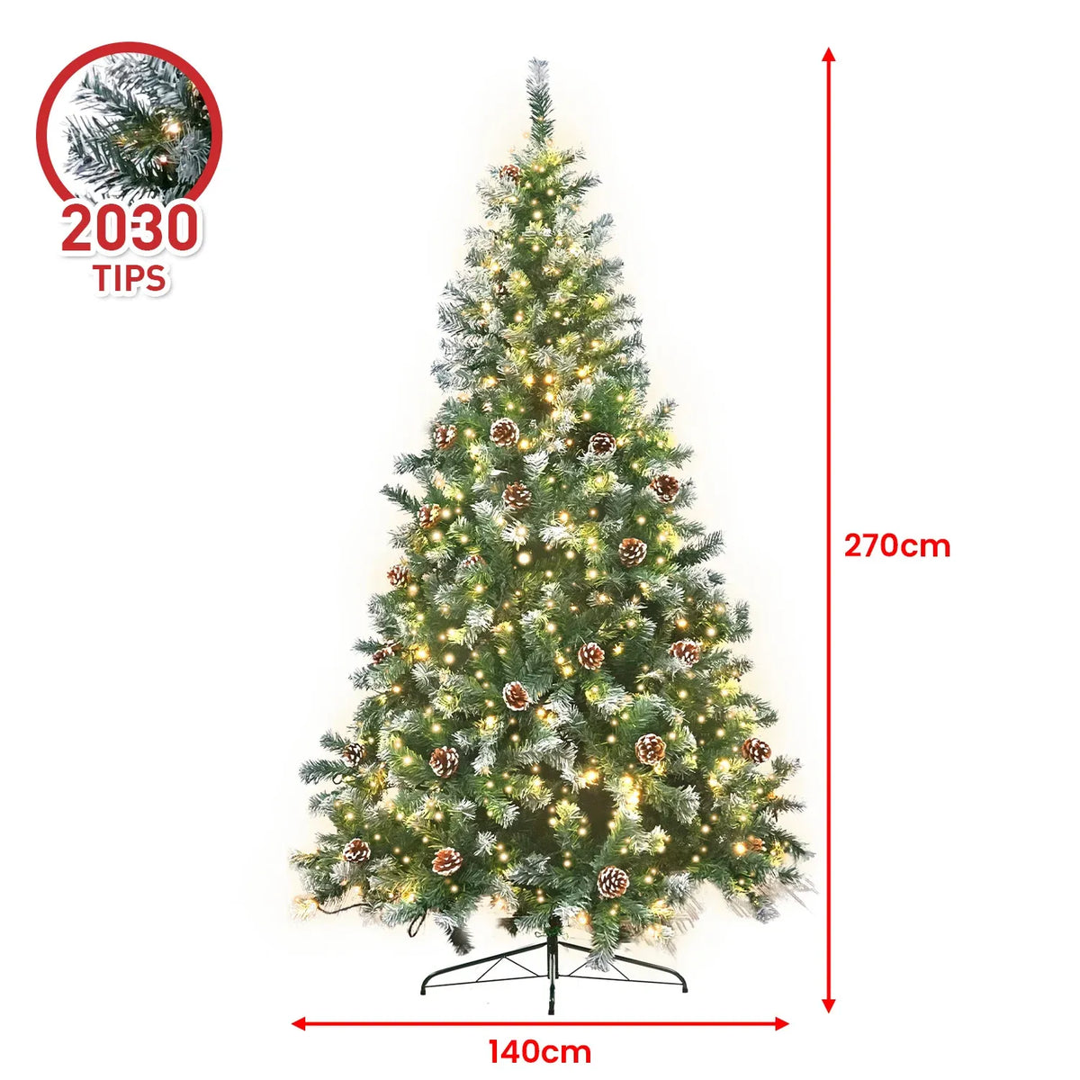 Christabelle 2.7m 9ft Pre-Lit LED Artificial Christmas Tree with Snow Tipped Needles Pine Cones Stand - YDS.com.au