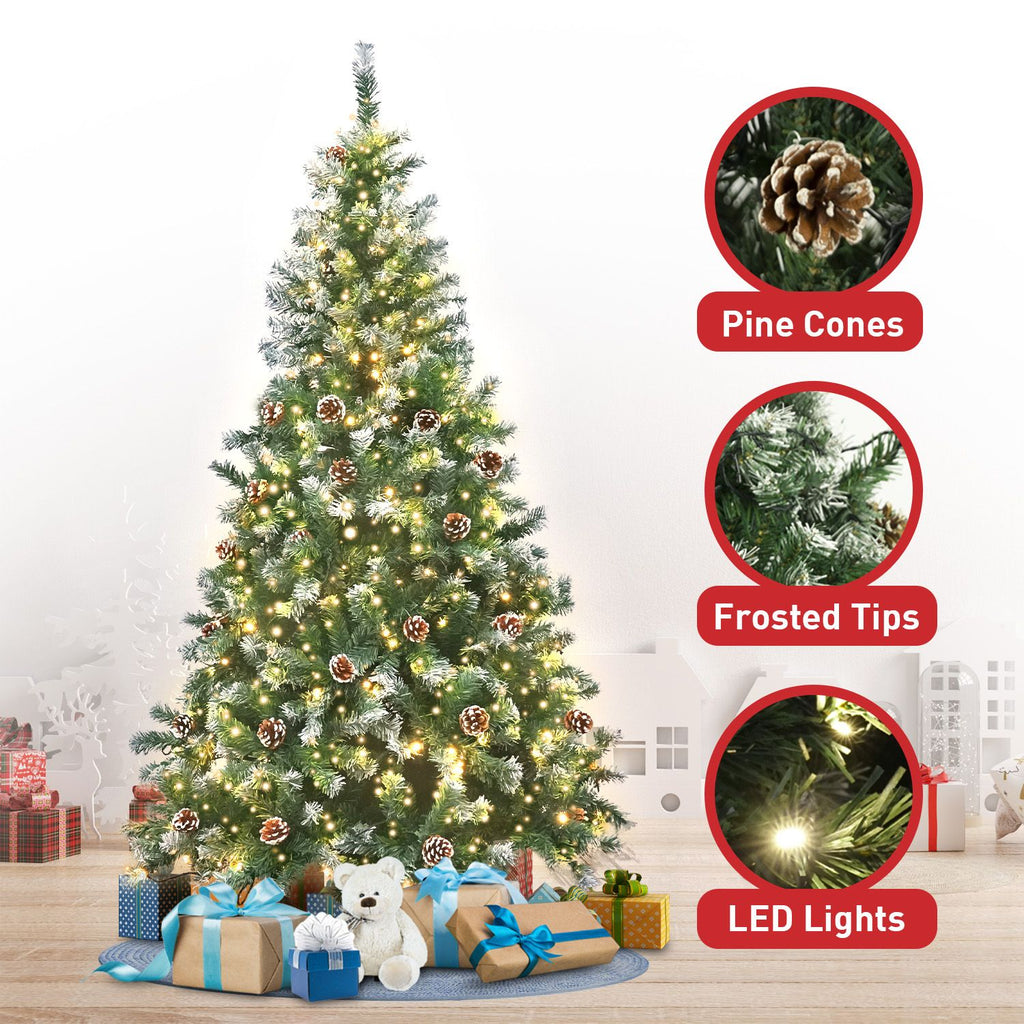 Christabelle 2.7m 9ft Pre-Lit LED Artificial Christmas Tree with Snow Tipped Needles Pine Cones Stand