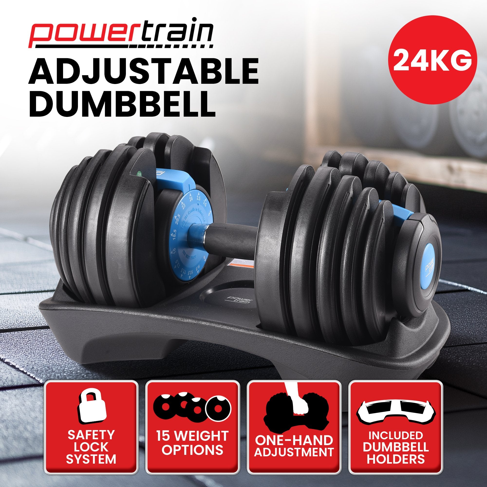 Powertrain  24KG Adjustable Home Gym Dumbbell - Blue - YDS.com.au