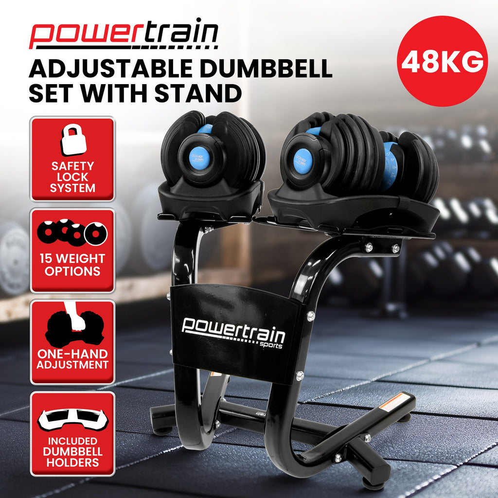 Powertrain 48KG Adjustable Dumbbell Set With Stand Blue - YDS.com.au