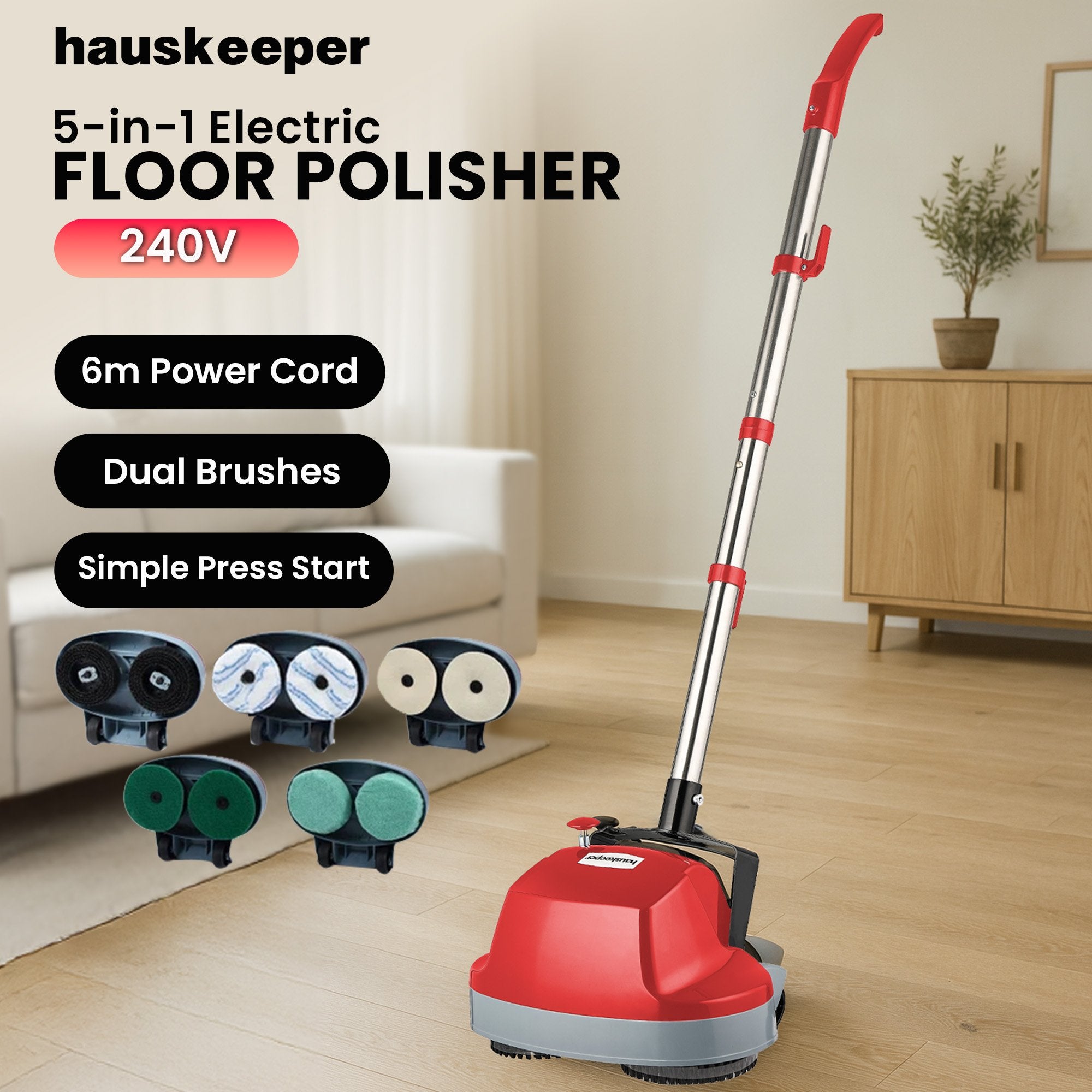 Klika Hauskeeper 5 in 1 Electric 240V Floor Polisher w/ 6M Power Cable Timber Hard Waxer Buffer Cleaner Red - YDS.com.au