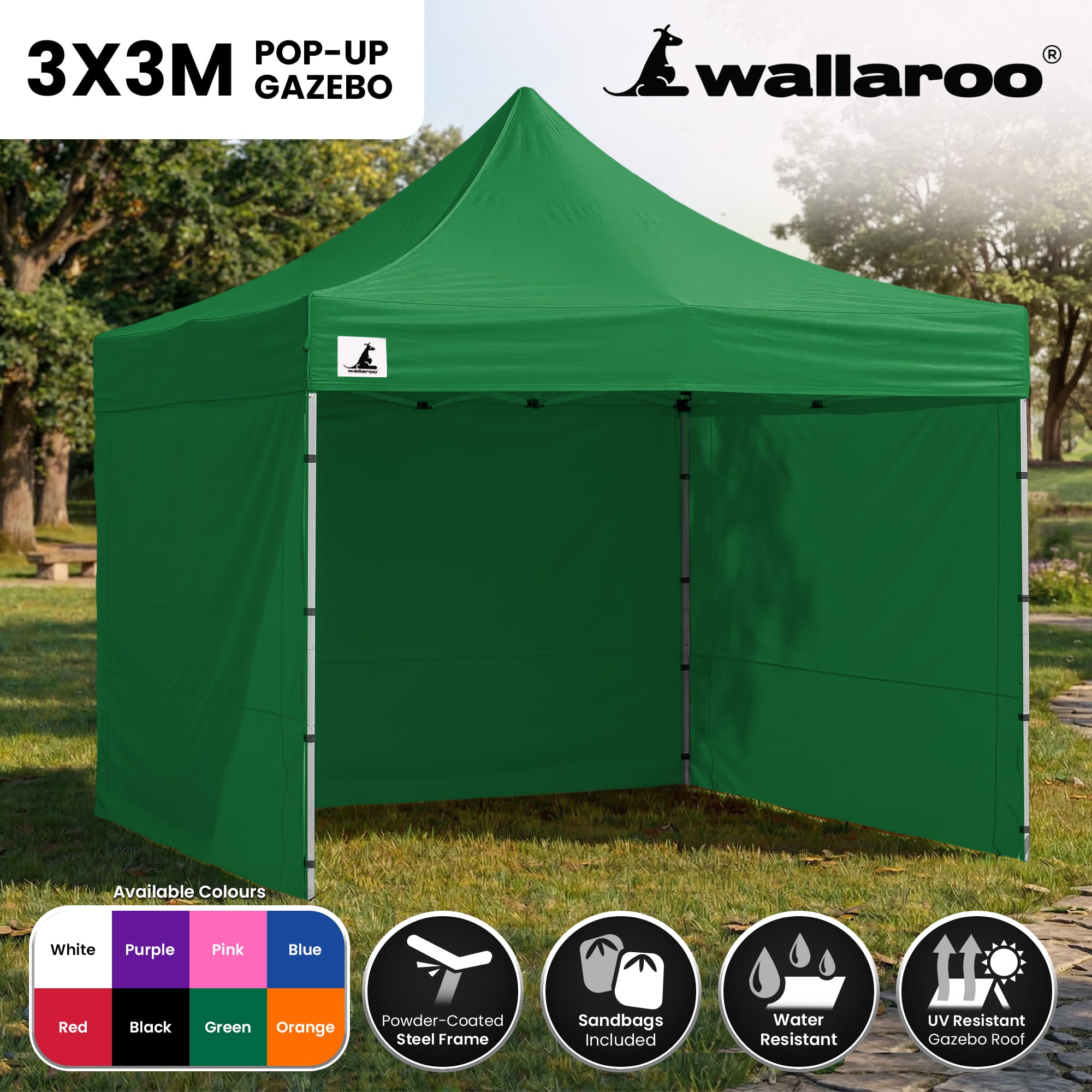 Carpa Gazebo Wallaroo 3x3 plegable para exteriores, color verde