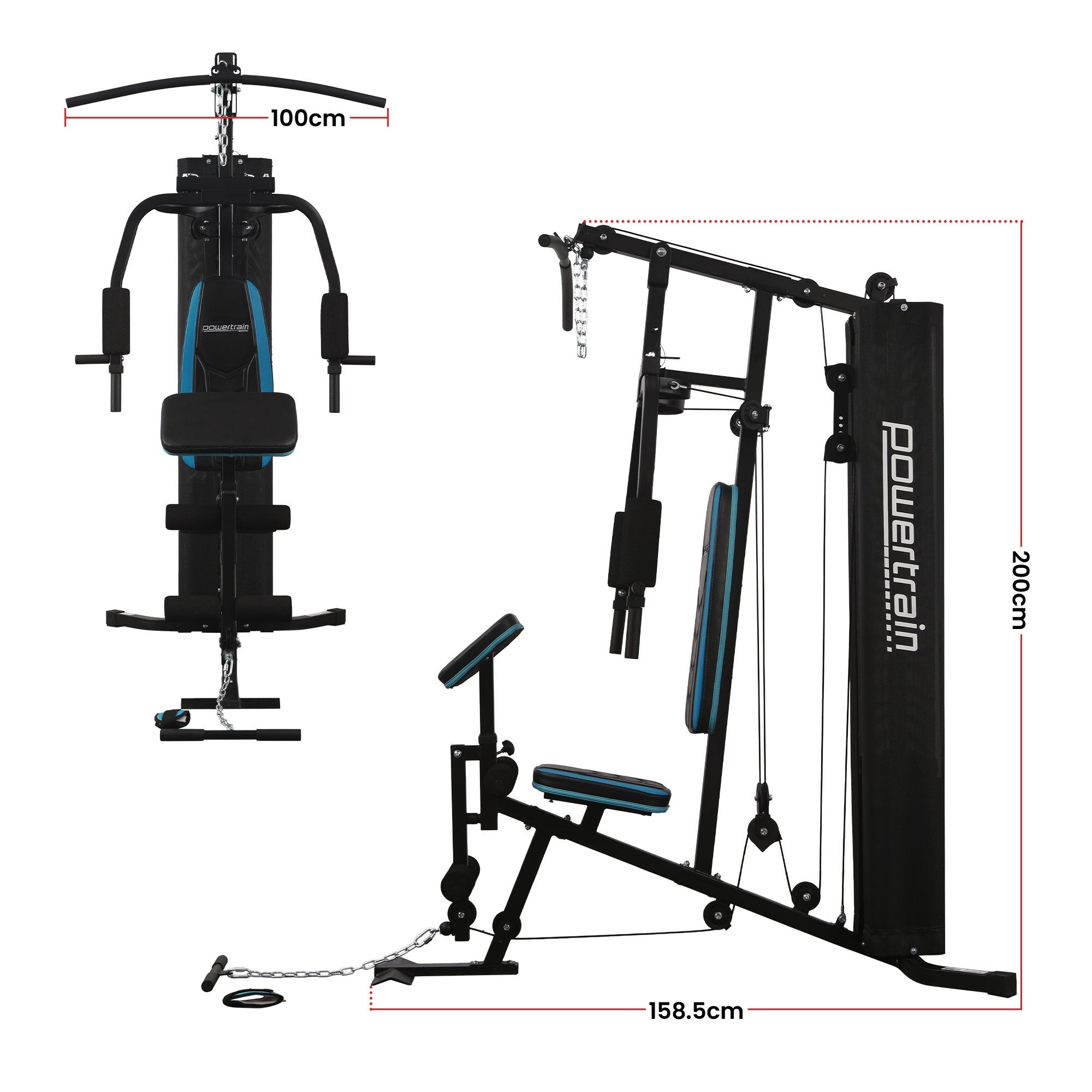 Powertrain JX-300 Multi Station Home Gym 44kg Weight Stack Cable Machine, Curl Pad Leg Extension and Pull-down Bar