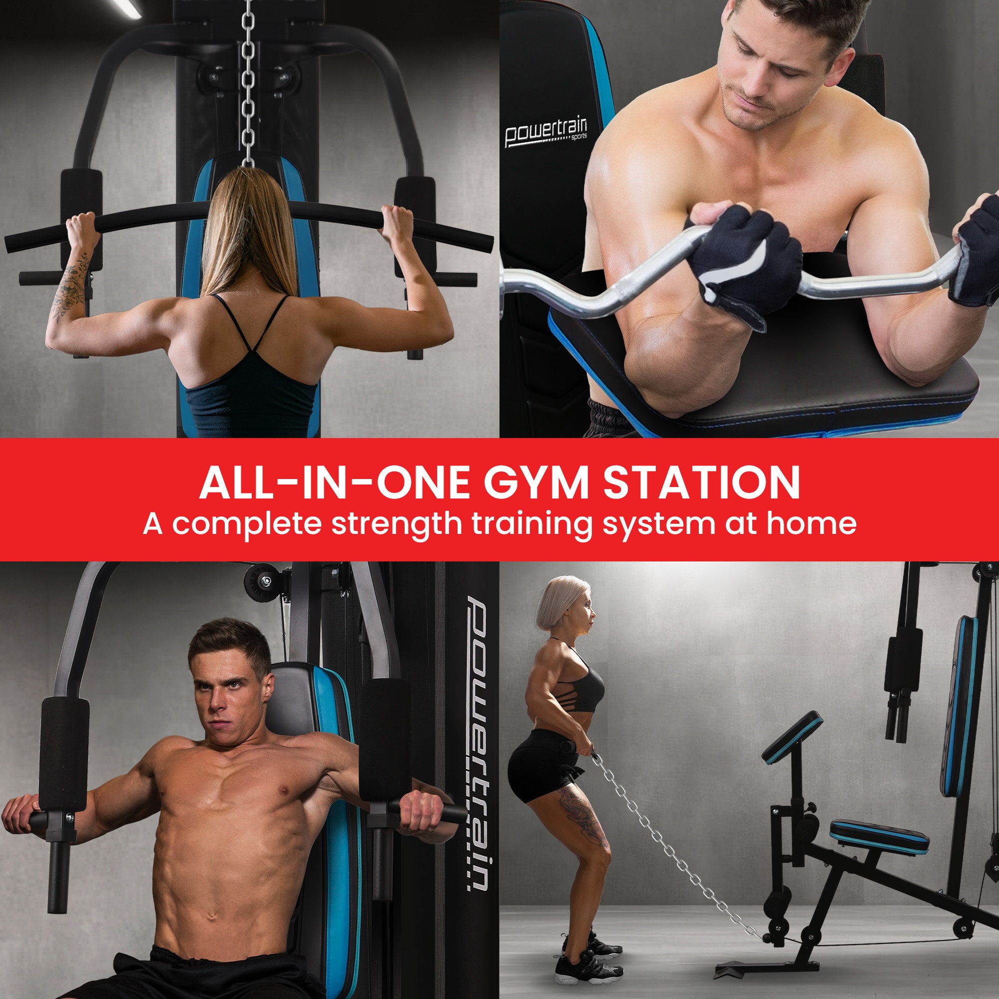 Powertrain JX-300 Multi Station Home Gym 44kg Weight Stack Cable Machine, Curl Pad Leg Extension and Pull-down Bar