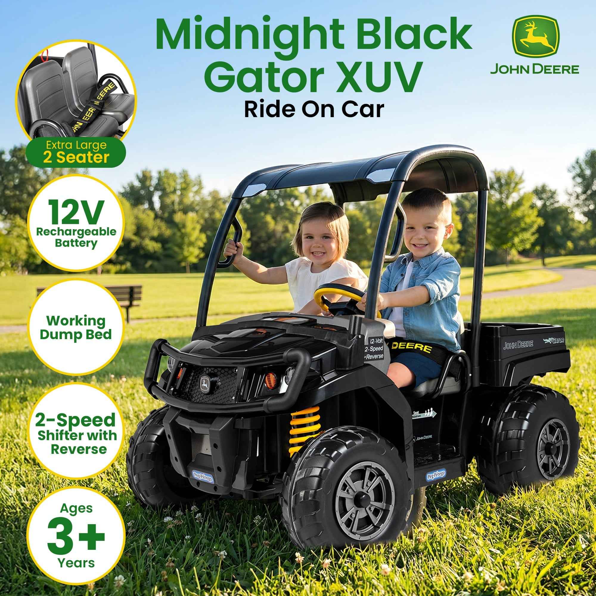 John Deere Midnight Black Gator XUV Kids Ride On Car Dual Seat 12V Battery