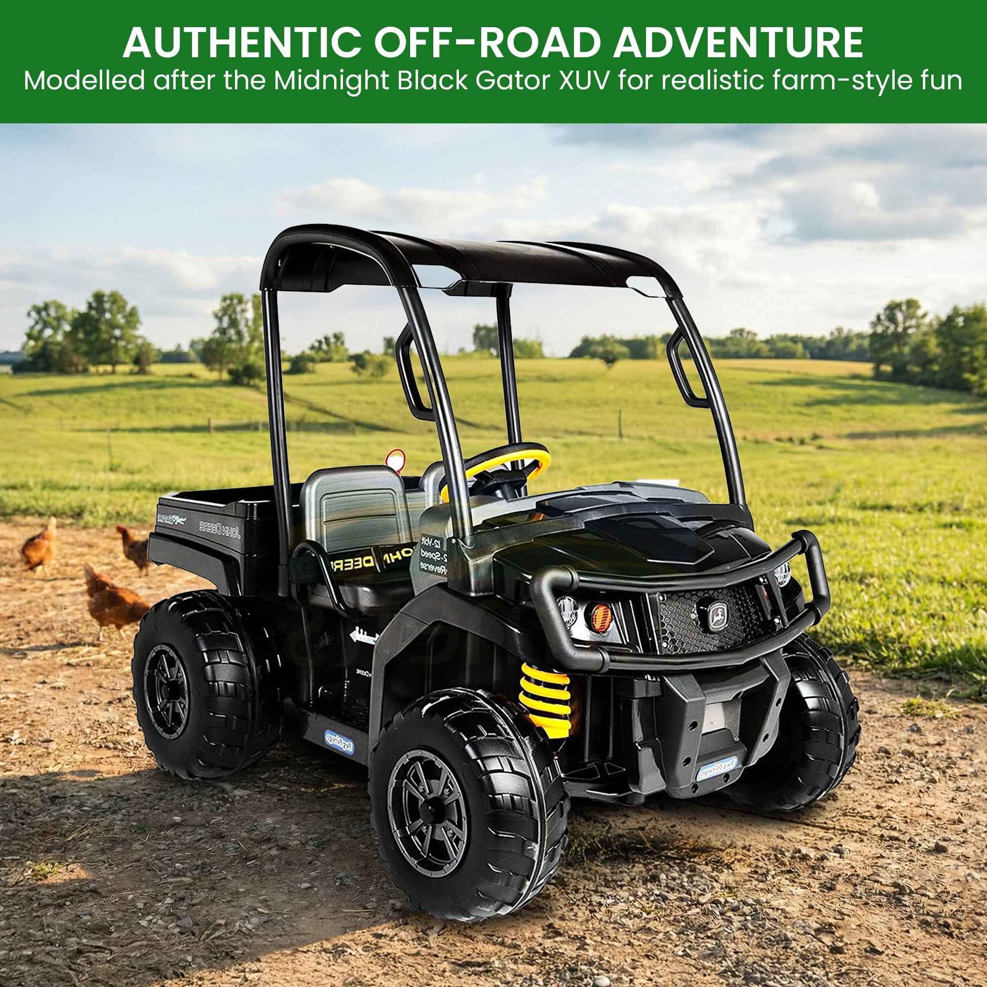 John Deere Midnight Black Gator XUV Kids Ride On Car Dual Seat 12V Battery
