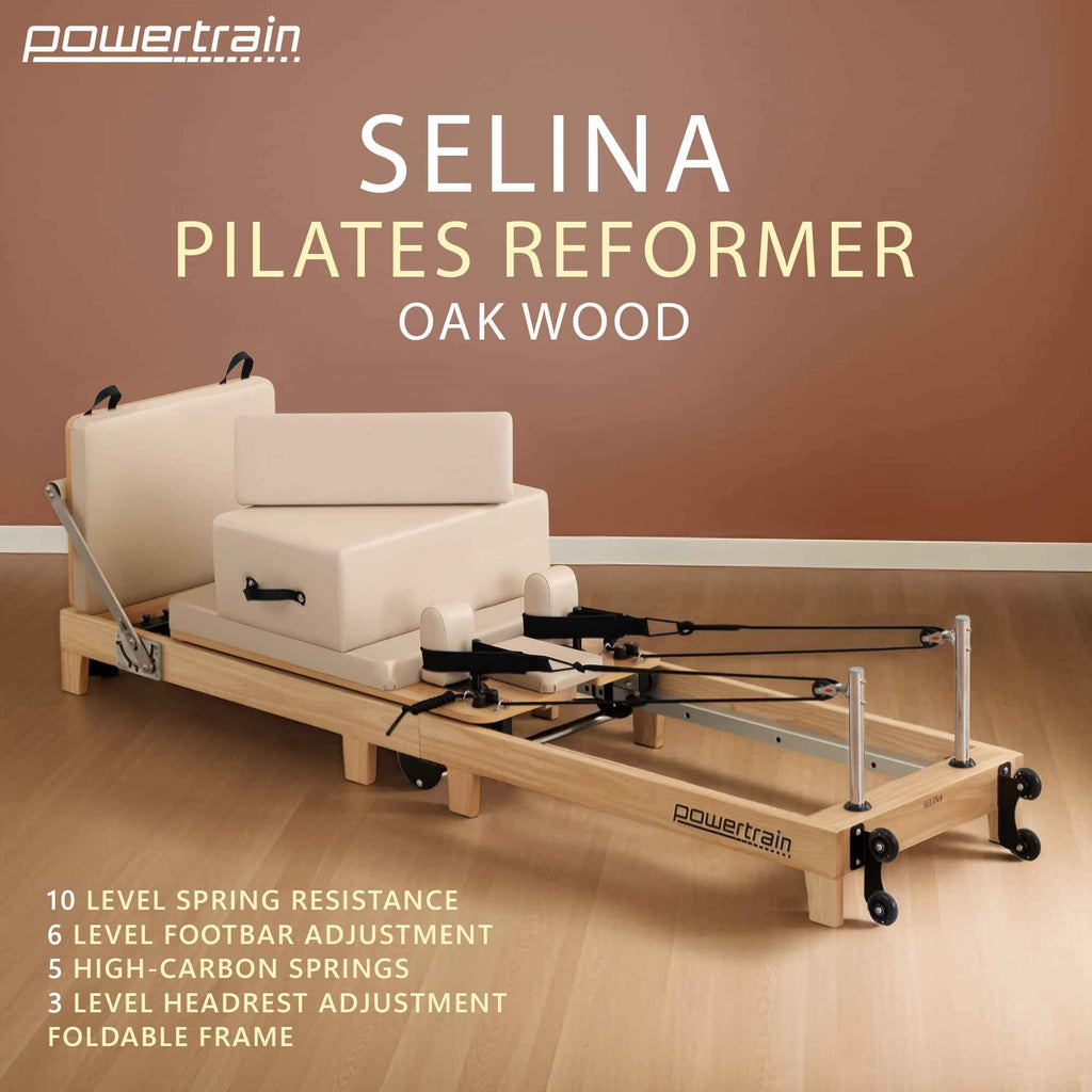 Powertrain Selina Pilates Reformer Machine Wooden Folding Multifunctional Home Gym Equipment with Jumpboard & Sitting Box Oak Beige