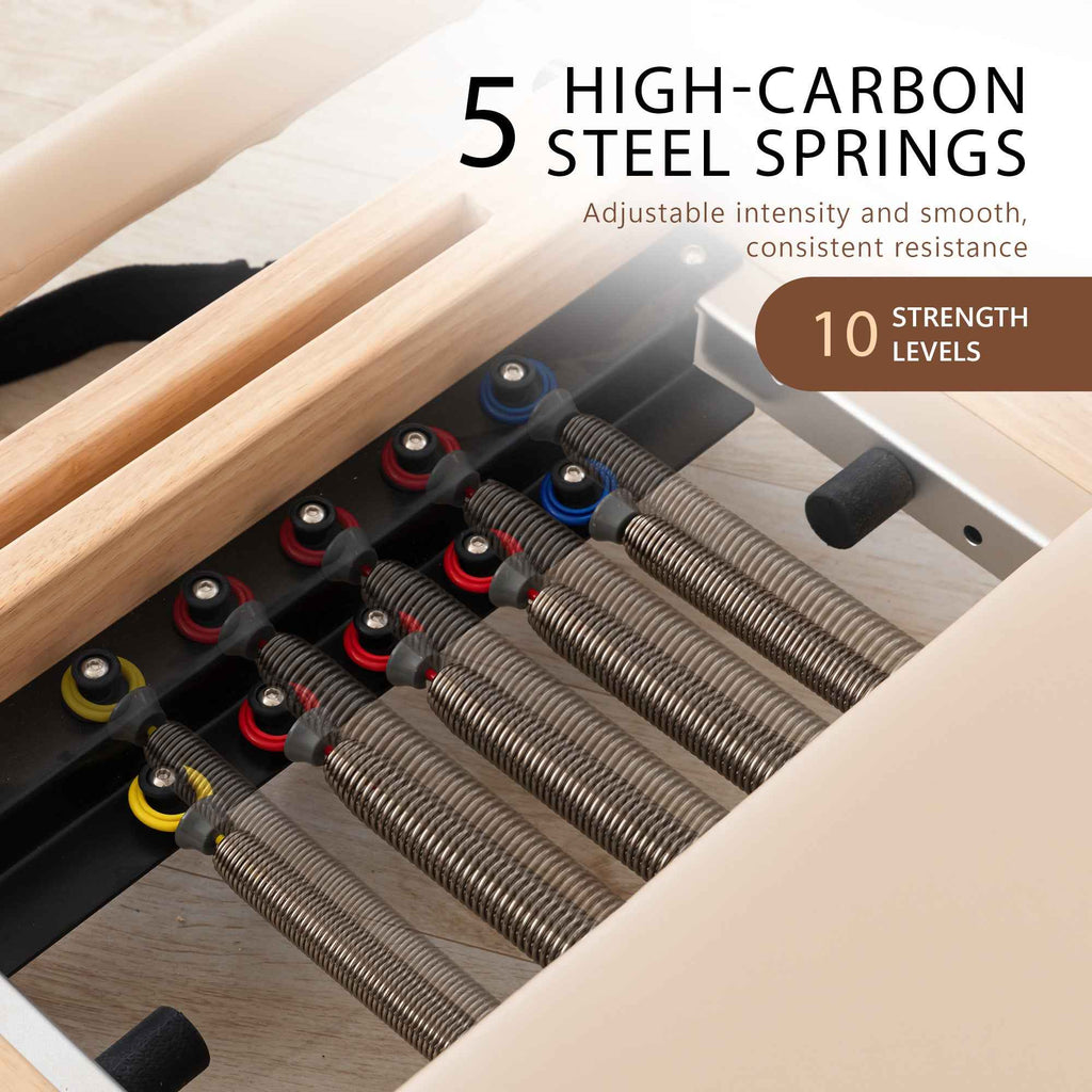 Powertrain Selina Pilates Reformer Machine Wooden Folding Multifunctional Home Gym Equipment with Jumpboard & Sitting Box Oak Beige