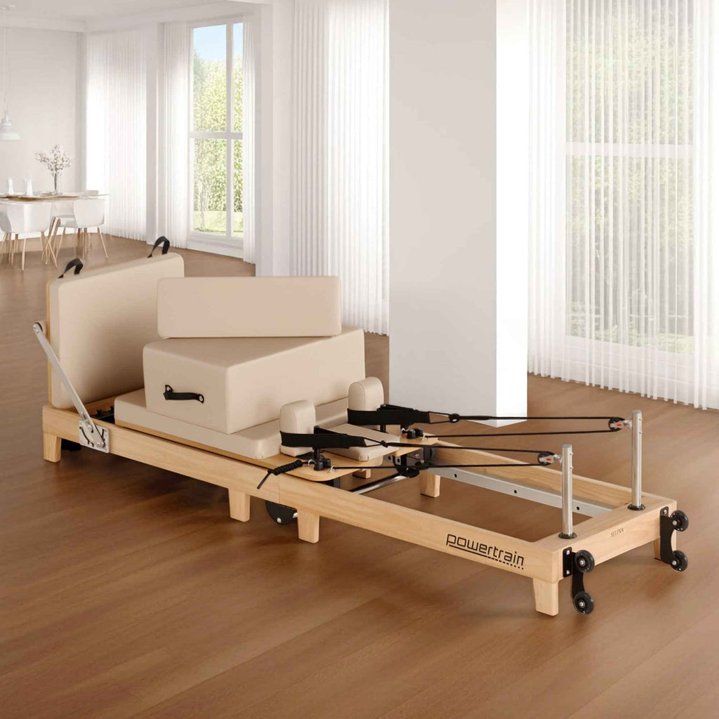 Powertrain Selina Pilates Reformer Machine Wooden Folding Multifunctional Home Gym Equipment with Jumpboard & Sitting Box Oak Beige