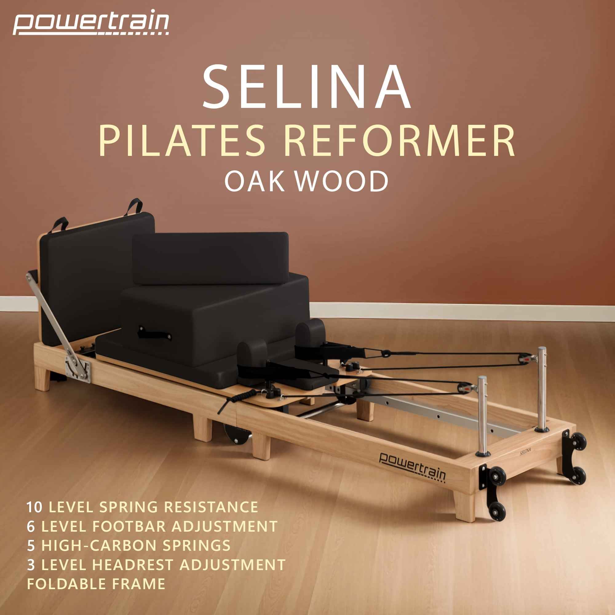 Powertrain Selina Pilates Reformer Machine Wooden Folding Multifunctional Home Gym Equipment with Jumpboard & Sitting Box Oak Black