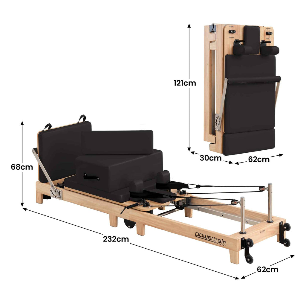 Powertrain Selina Pilates Reformer Machine Wooden Folding Multifunctional Home Gym Equipment with Jumpboard & Sitting Box Oak Black