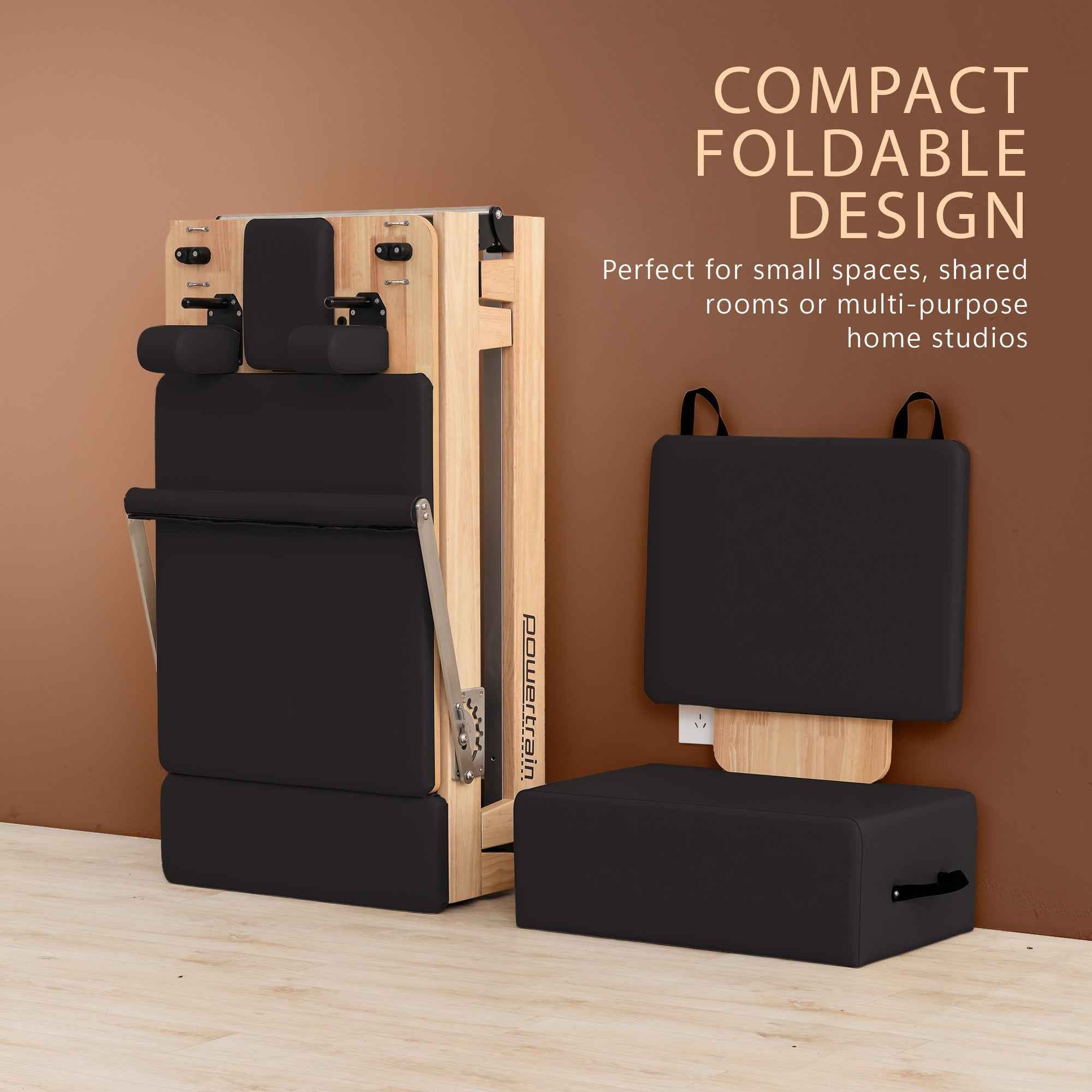 Powertrain Selina Pilates Reformer Machine Wooden Folding Multifunctional Home Gym Equipment with Jumpboard & Sitting Box Oak Black