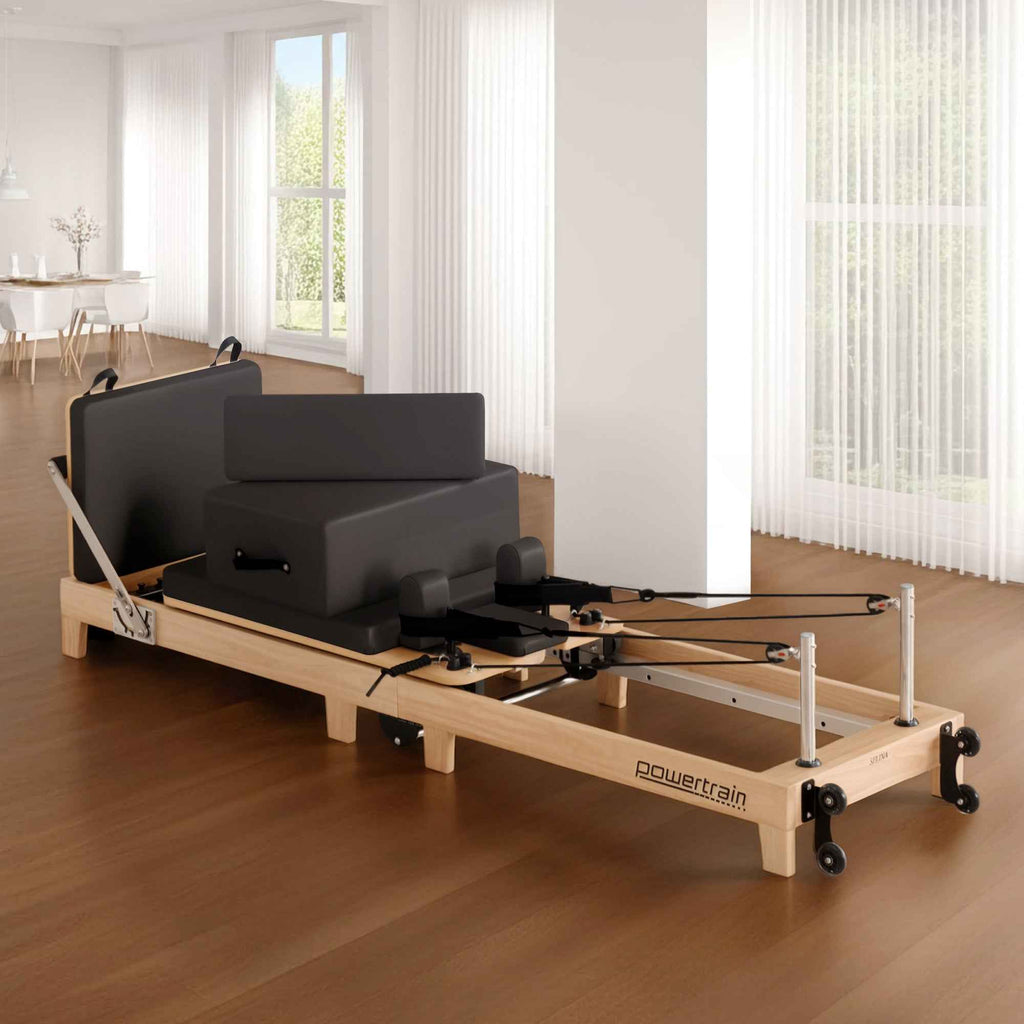 Powertrain Selina Pilates Reformer Machine Wooden Folding Multifunctional Home Gym Equipment with Jumpboard & Sitting Box Oak Black