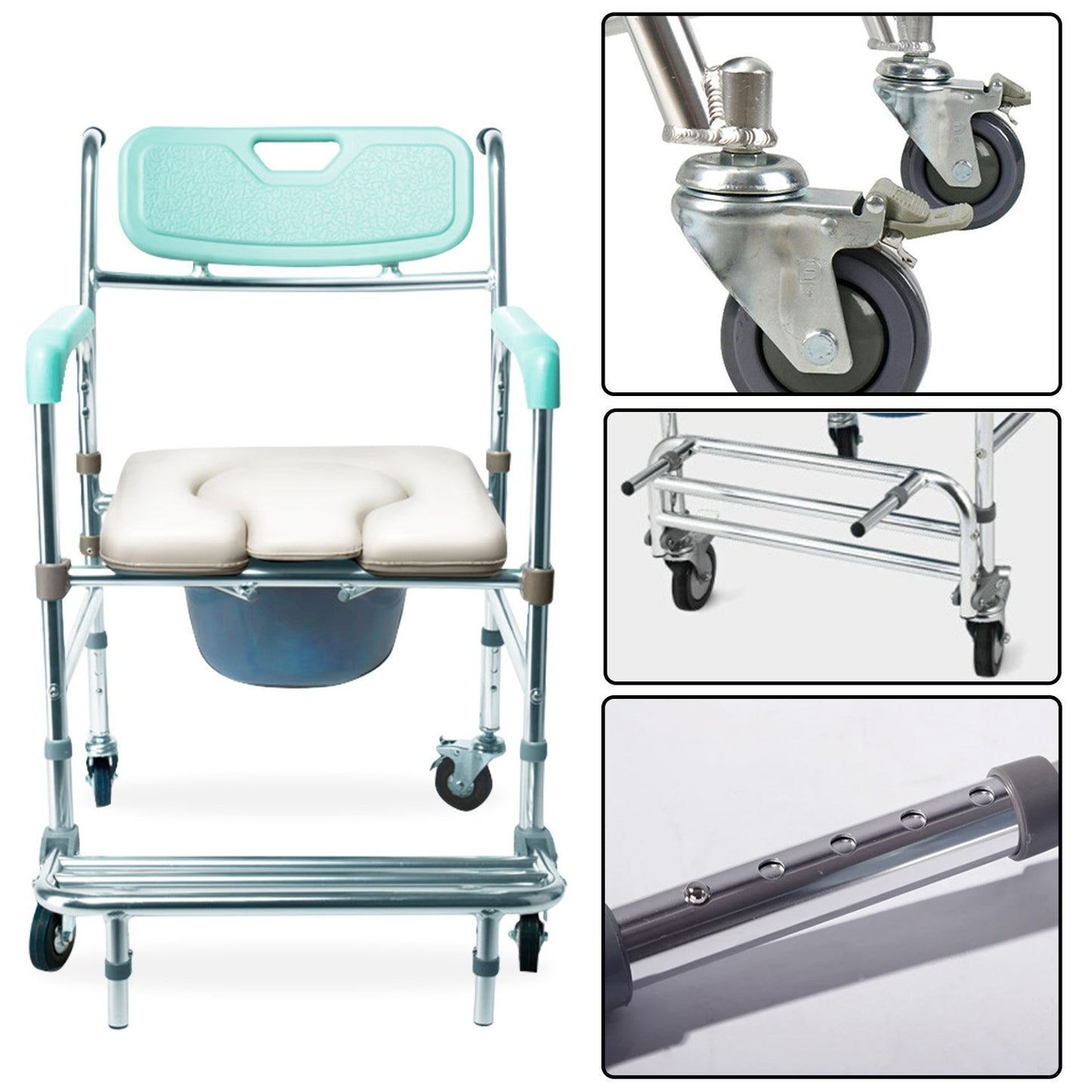 Orthonica Commode Chair With Castors Aluminium Frame Footrest Soft Push Handles