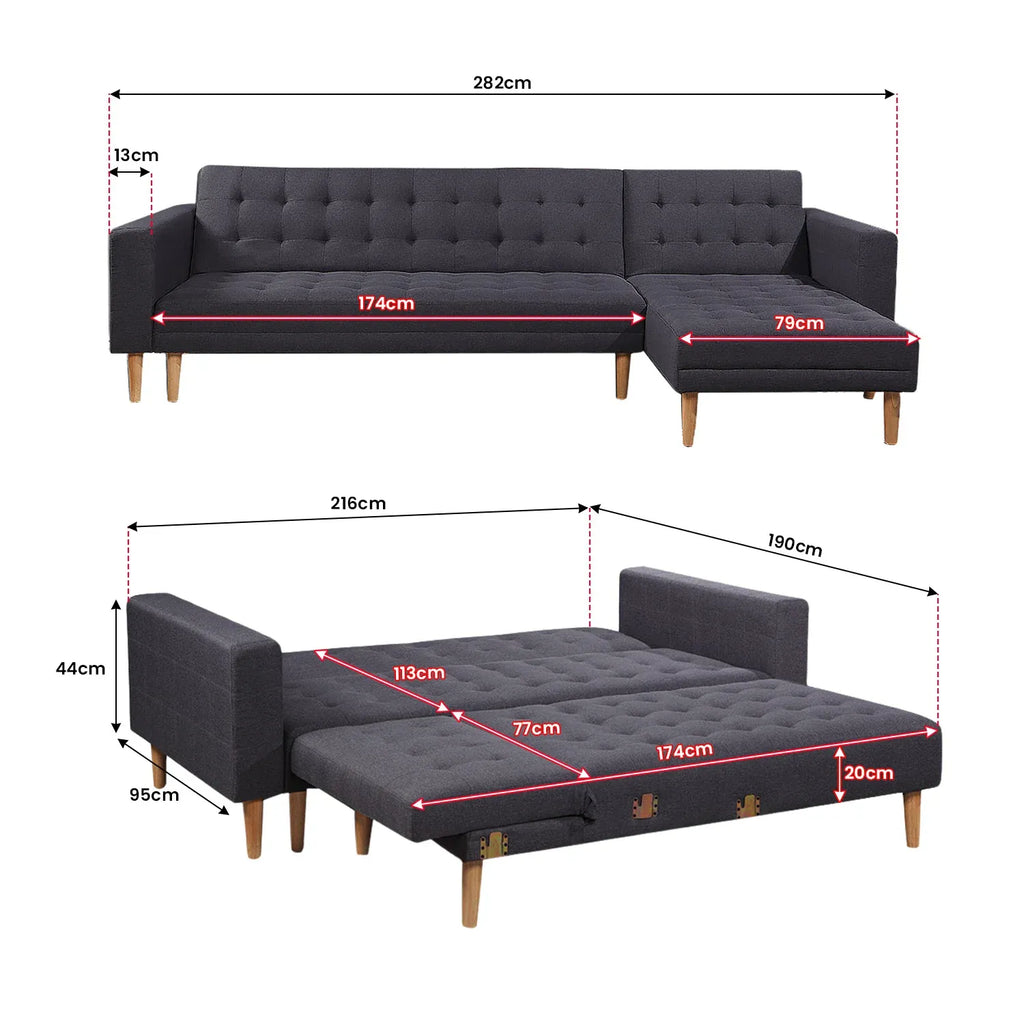 Sarantino Linen Fabric Corner Sofa Bed Couch Lounge With Chaise Furniture - Dark Grey - YDS.com.au