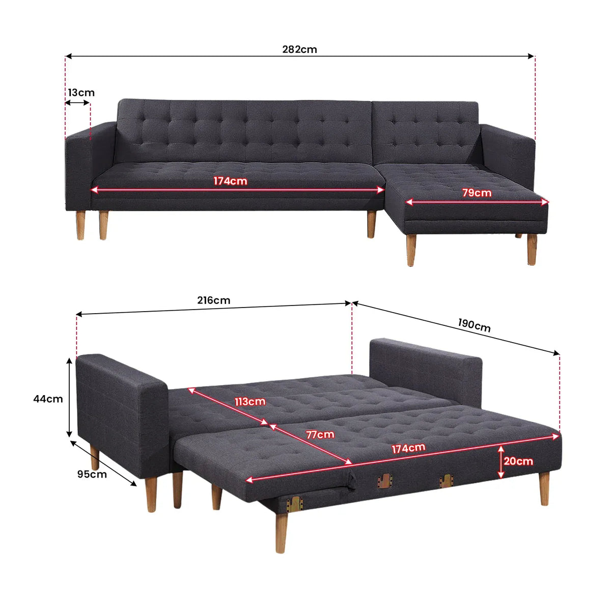 Sarantino Linen Fabric Corner Sofa Bed Couch Lounge With Chaise Furniture - Dark Grey - YDS.com.au