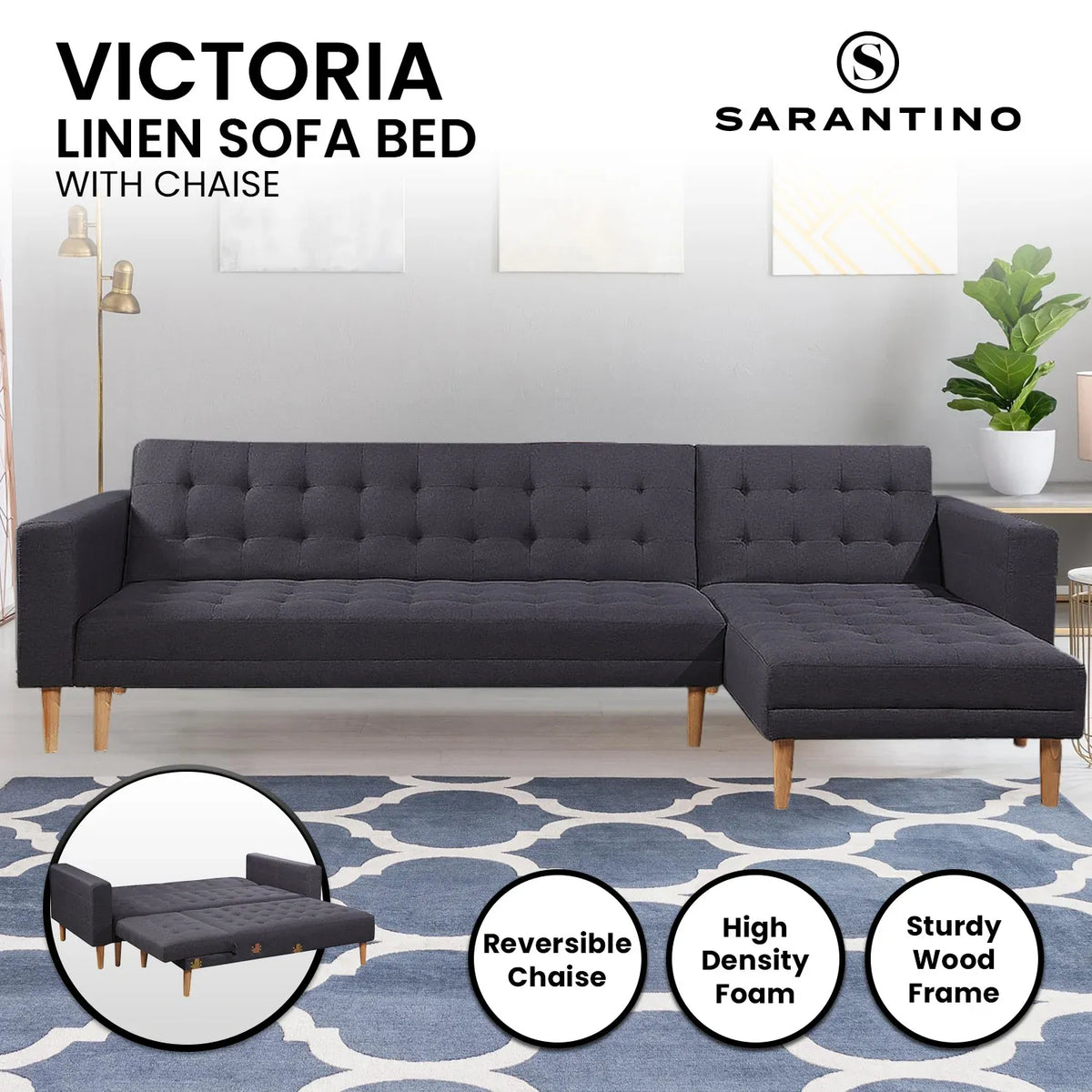 Sarantino Linen Fabric Corner Sofa Bed Couch Lounge With Chaise Furniture - Dark Grey - YDS.com.au