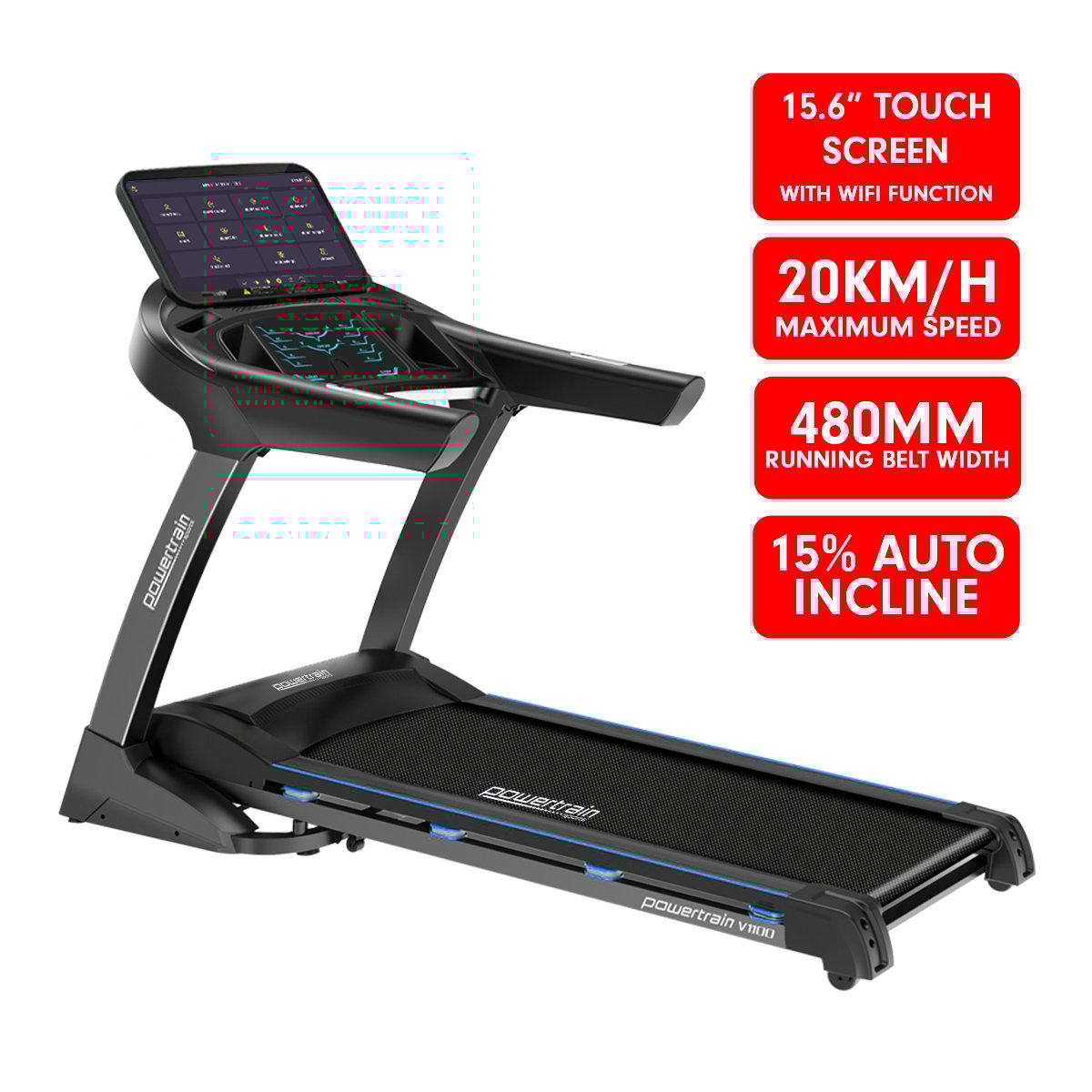 Powertrain V1100 Treadmill with Wifi Touch Screen & Incline - YDS.com.au