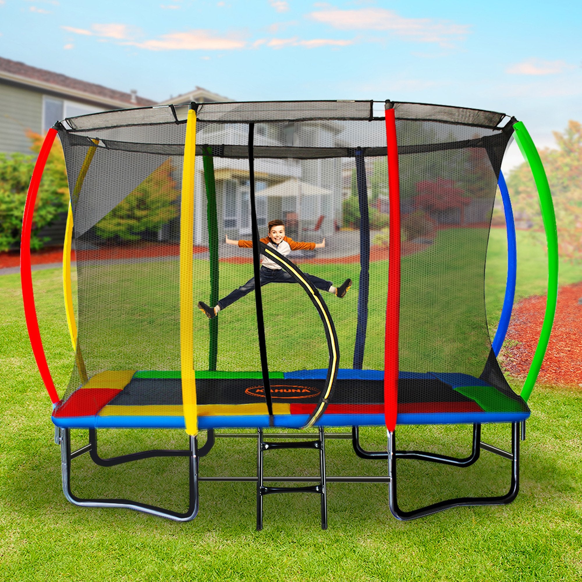 Kahuna 8ft x 11ft Rectangular Trampoline Rainbow Free Safety Net Spring Pad Cover Mat Ladder - YDS.com.au
