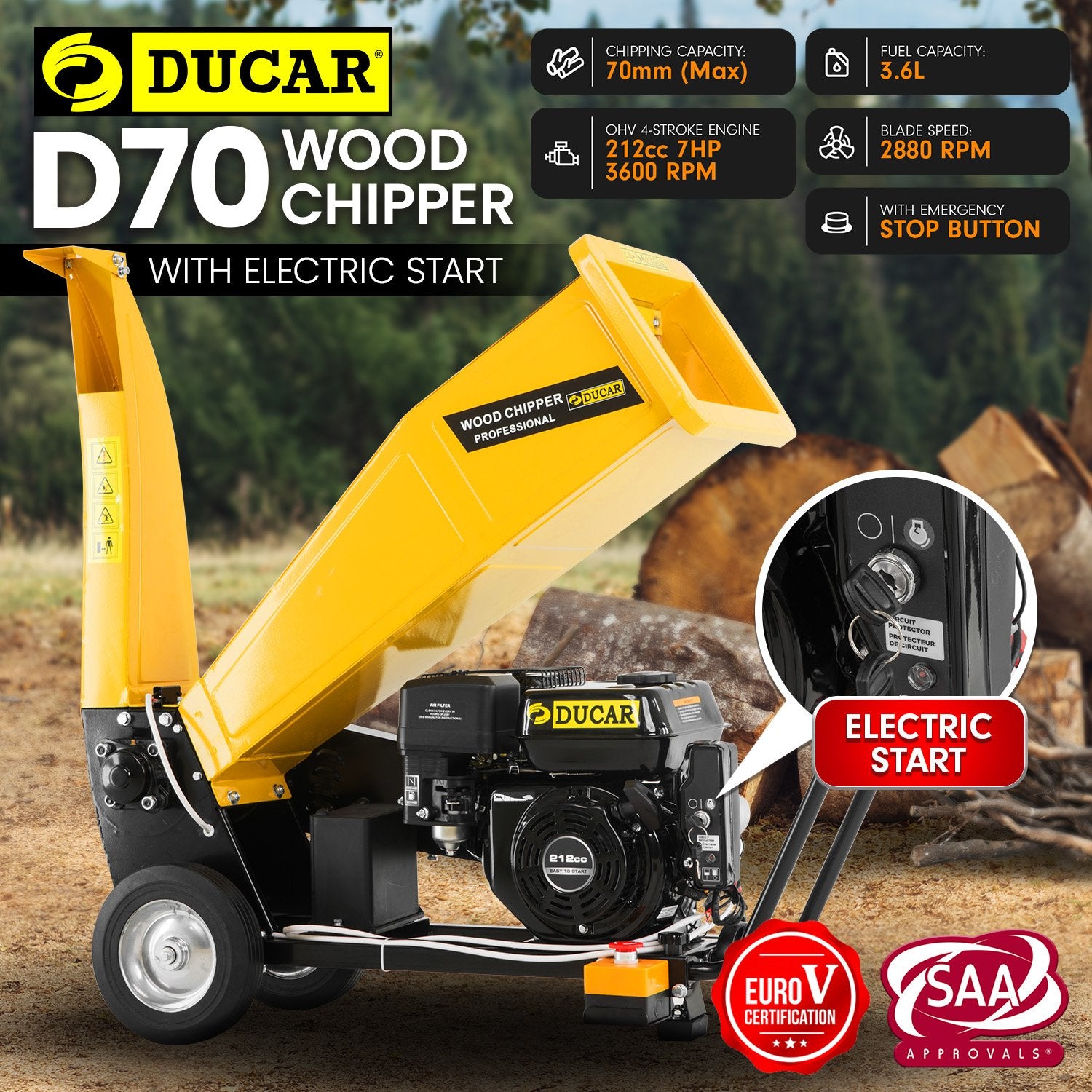 Ducar D70 7HP Wood Chipper Electric Start Shredder Mulcher Grinder Petrol in Yellow