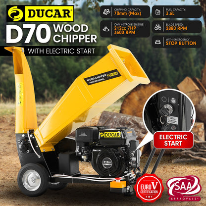 Ducar D70 7HP Wood Chipper Electric Start Shredder Mulcher Grinder Petrol in Yellow