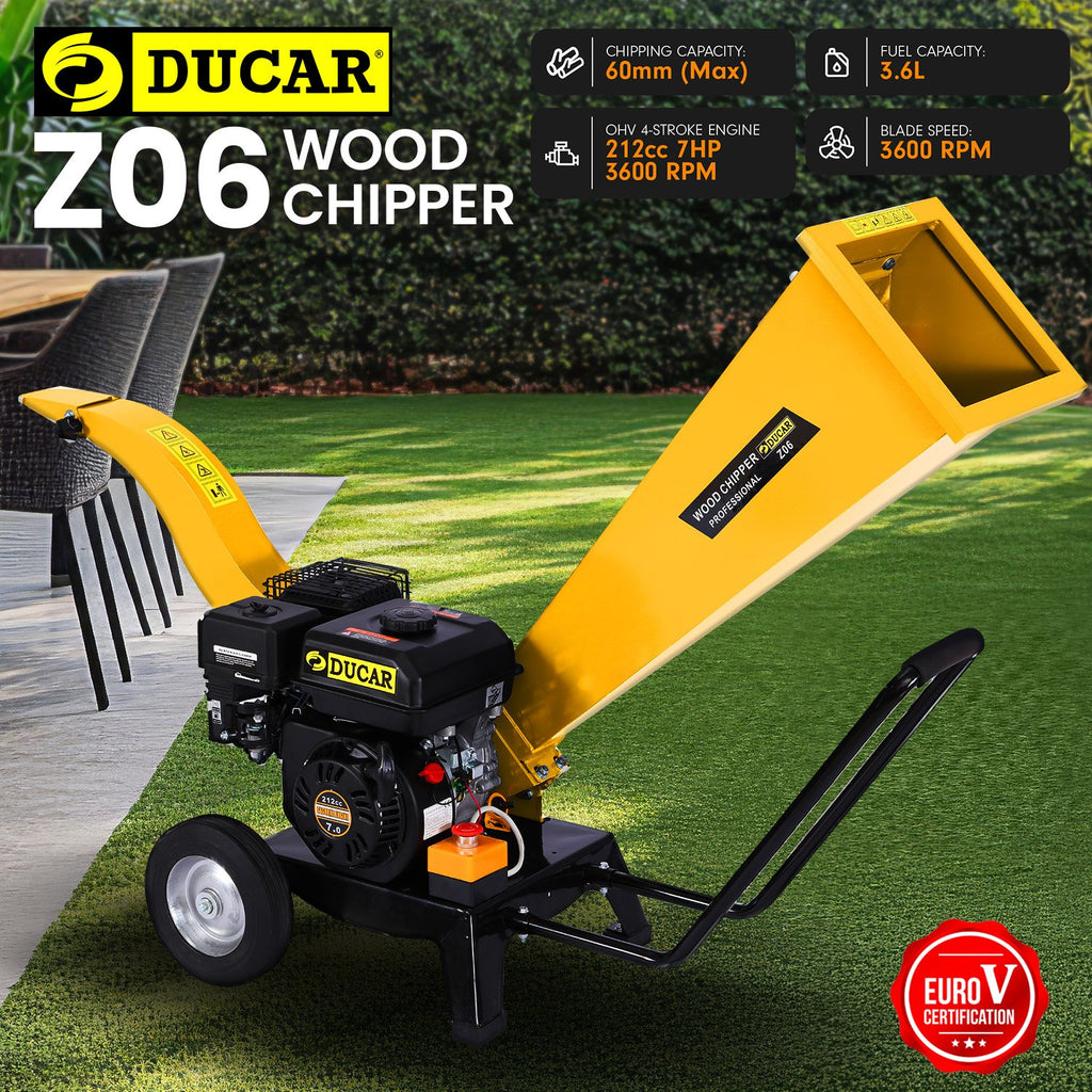 Ducar 7hp Wood Chipper Shredder Mulcher Grinder Petrol Yellow - YDS.com.au