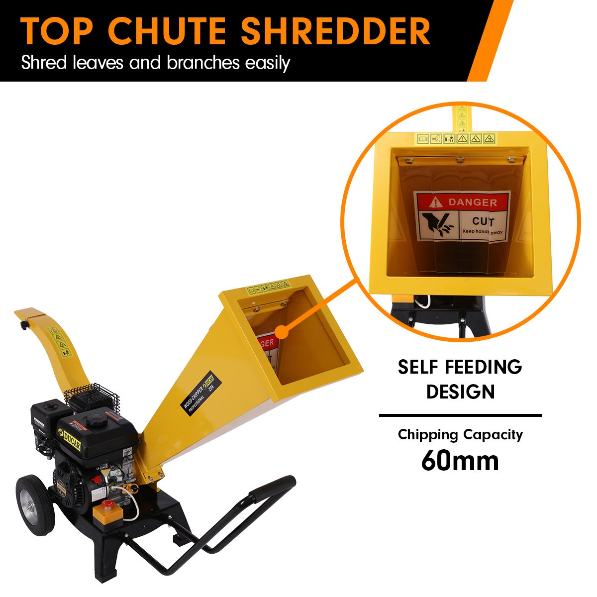 Ducar 7hp Wood Chipper Shredder Mulcher Grinder Petrol Yellow - YDS.com.au