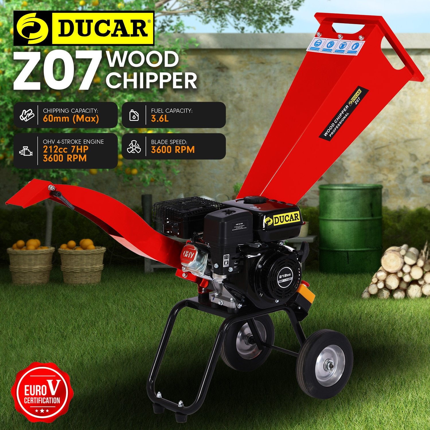 Ducar 7hp Wood Chipper Shredder Mulcher Grinder Petrol Red - YDS.com.au