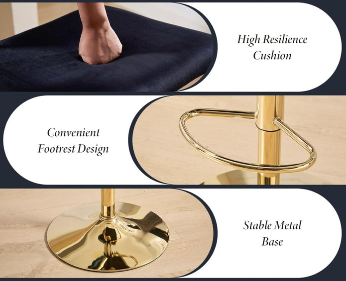 SERENITà 2x Velvet Bar Stools with Braided Back Elegant Kitchen High Chairs, Kitchen Island Stools Adjustable Height Swivel Bar Chairs with Gold Legs for Home-Black