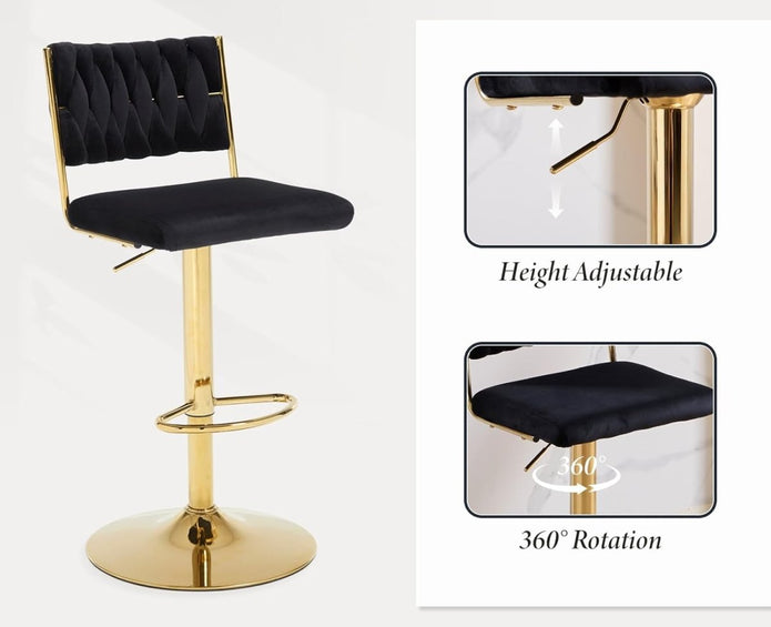 SERENITà 2x Velvet Bar Stools with Braided Back Elegant Kitchen High Chairs, Kitchen Island Stools Adjustable Height Swivel Bar Chairs with Gold Legs for Home-Black