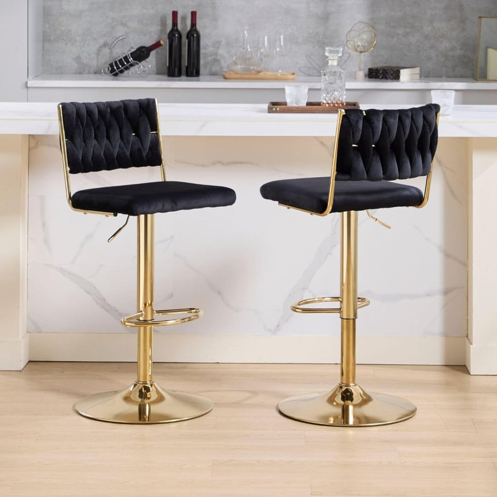 SERENITà 2x Velvet Bar Stools with Braided Back Elegant Kitchen High Chairs, Kitchen Island Stools Adjustable Height Swivel Bar Chairs with Gold Legs for Home-Black