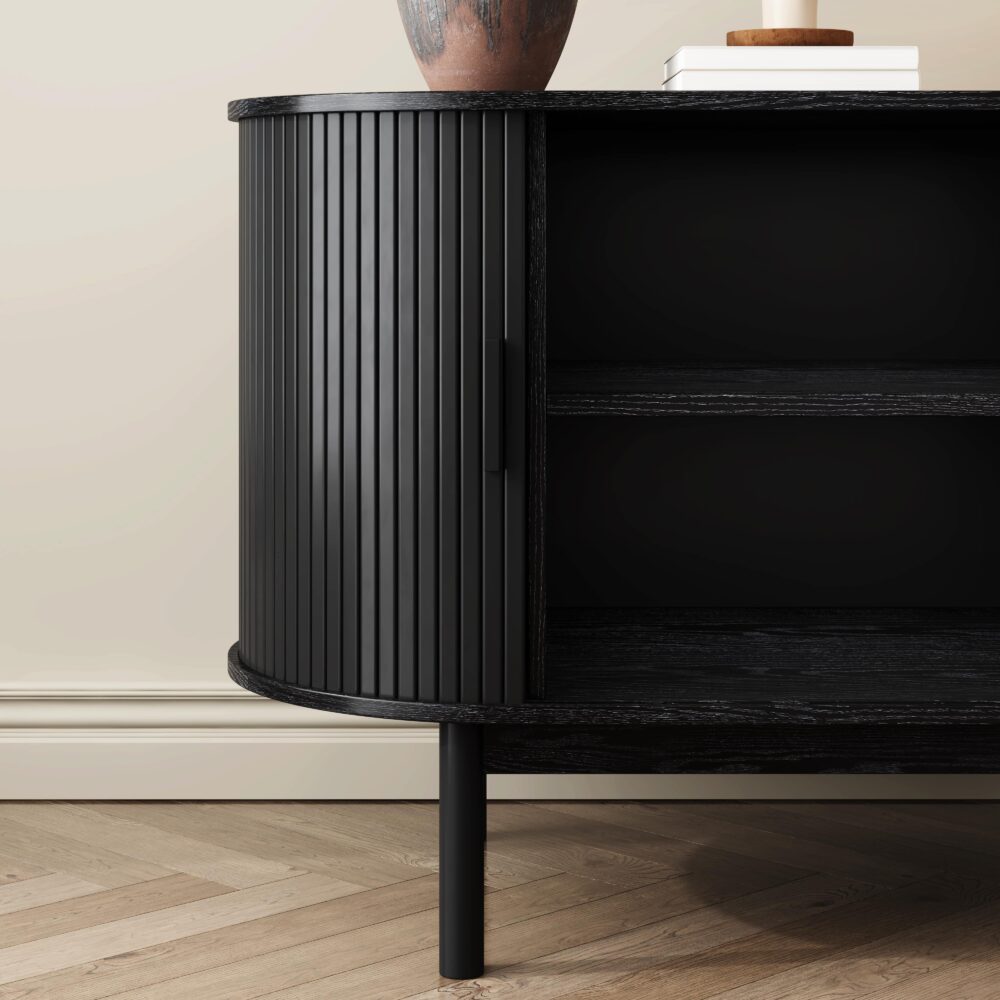 Mid-Century Black Ribbed Sideboard Cabinet