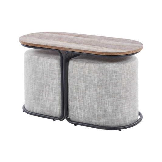 3 Piece Set Coffee Table & Ottoman Wood Side End Table Industrial - CREAM GREY