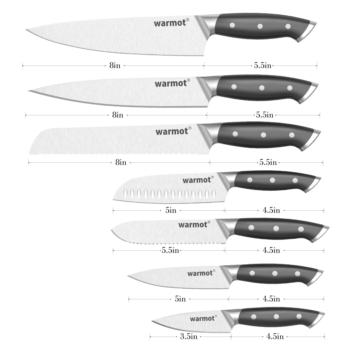 Juego de 7 cuchillos de chef de acero inoxidable con alto contenido de carbono de Warmot Ultra con caja de regalo (317-7)