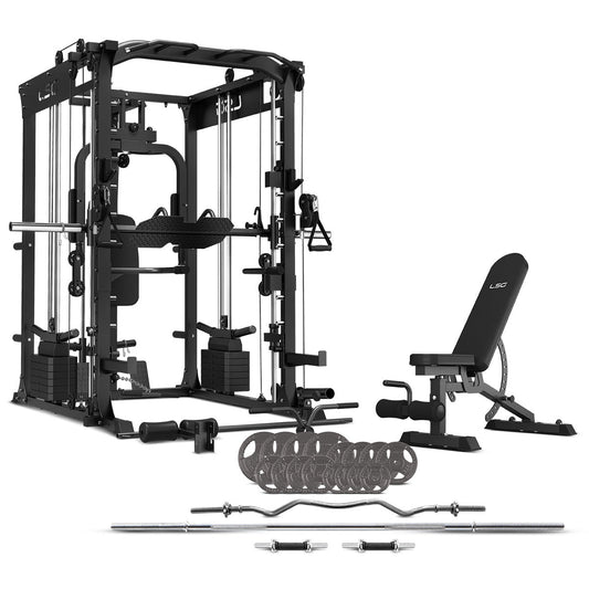 Estación de gimnasio para el hogar LSG GRK200 10 en 1, Power Rack, máquina Smith y juego de pesas con cable cruzado + discos de pesas estándar de 90 kg