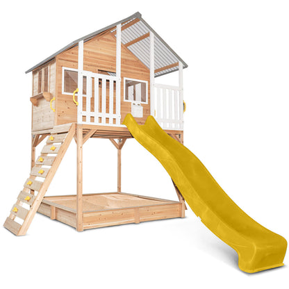 Casa de juegos infantil Winchester Cubby House con plataforma de elevación y tobogán amarillo de Lifespan Kids