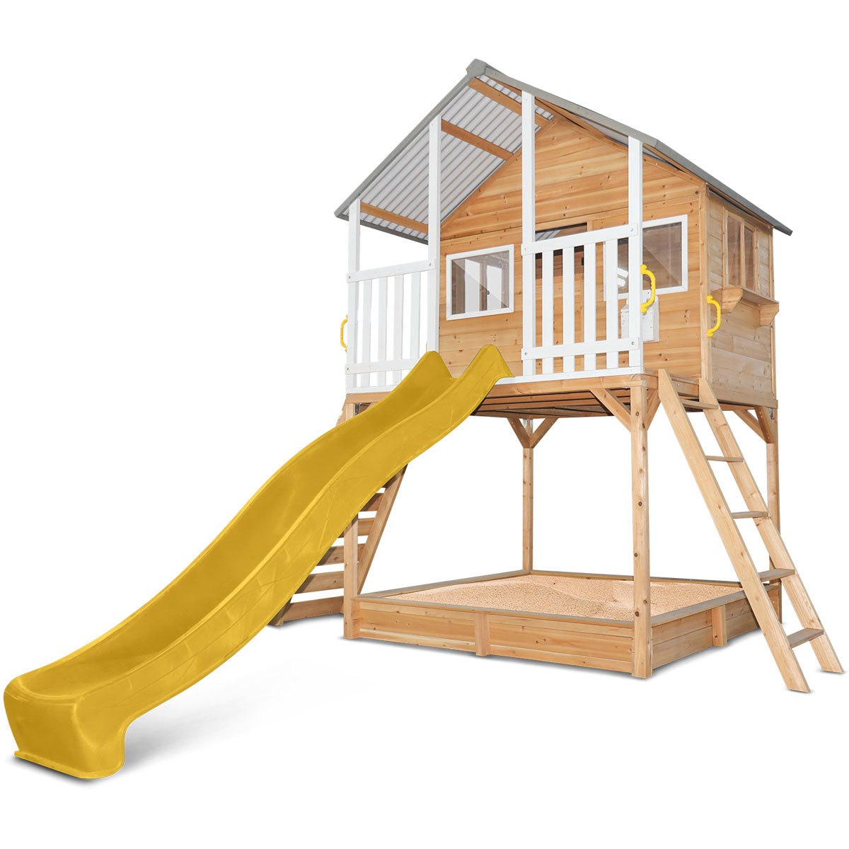 Casa de juegos infantil Winchester Cubby House con plataforma de elevación y tobogán amarillo de Lifespan Kids