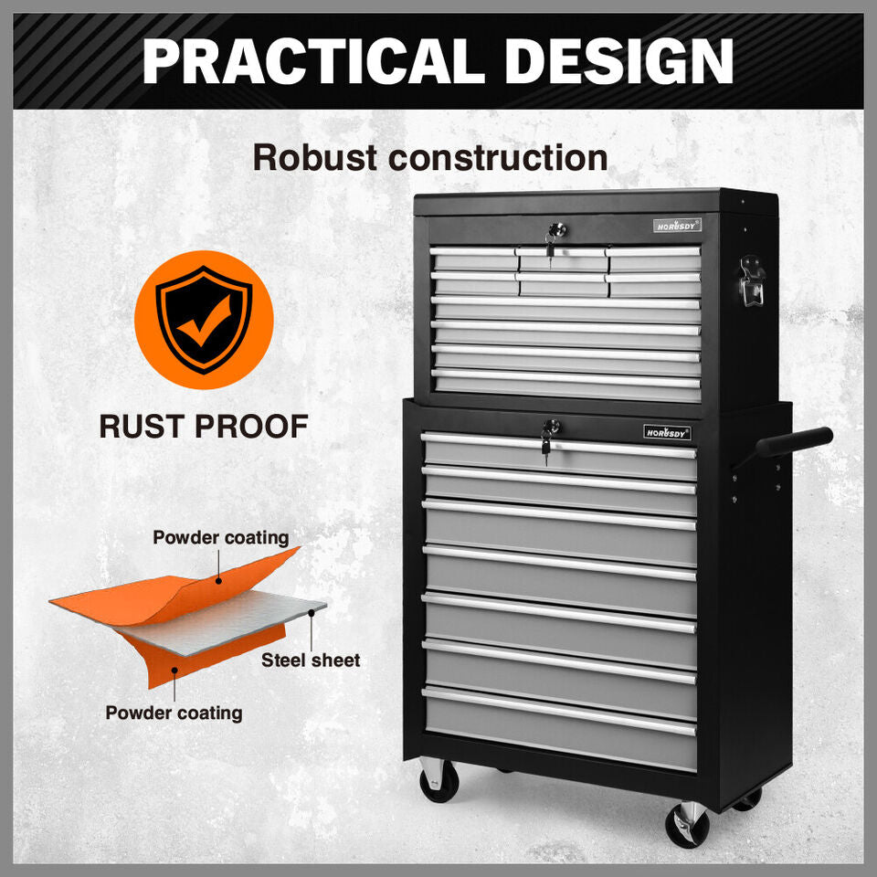 Grey 17 Drawer Tool Box Trolley Cabinet Storage Cart Garage Toolbox Organiser