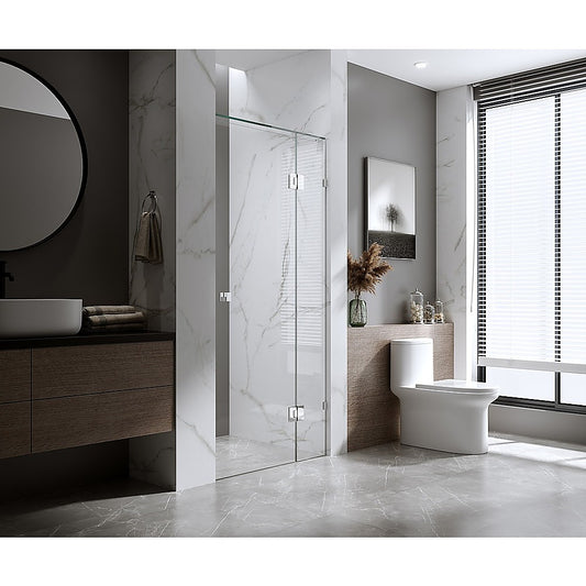 100cm Wall to Wall Frameless Shower Screen with Chrome Brackets and SS Hinges, Square Knob Handle