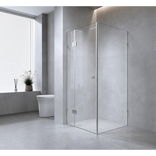 90x90cm Corner Frameless Shower Screen with Chrome Brackets and SS Hinges, Square Knob Handle