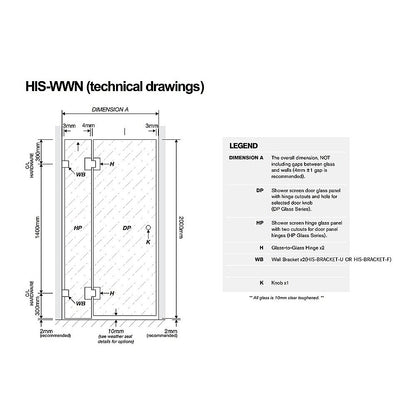 100x70cm Corner Frameless Shower Screen with Chrome Brackets and SS Hinges, Round Knob Handle