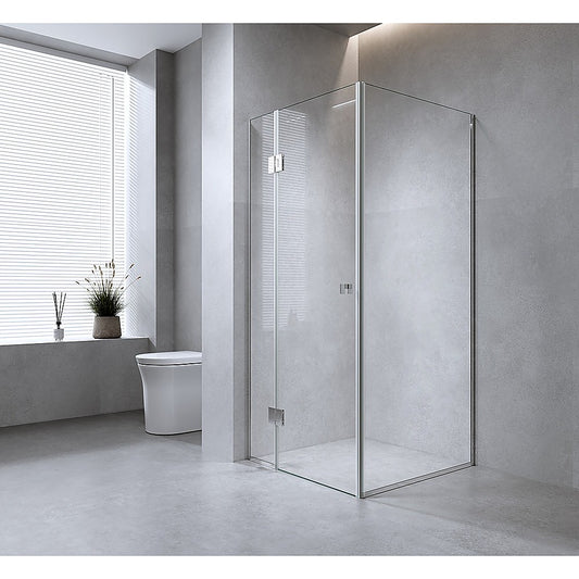 100x100cm Corner Frameless Shower Screen with Chrome Channel and SS Hinges, Round Knob Handle