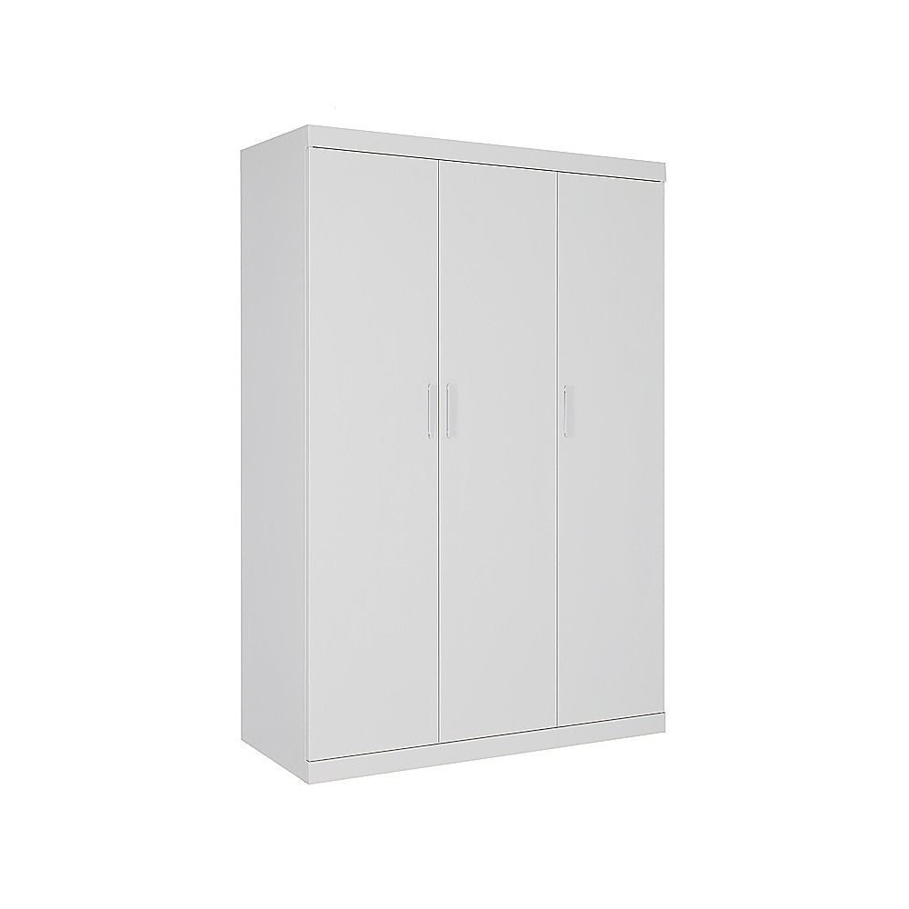 3 Door White Wardrobe – White Handles, Hanging Rail & Shelves
