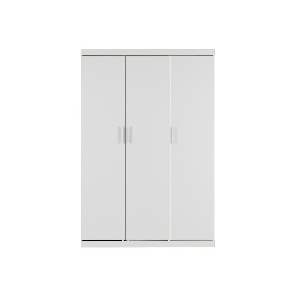 3 Door White Wardrobe – White Handles, Hanging Rail & Shelves