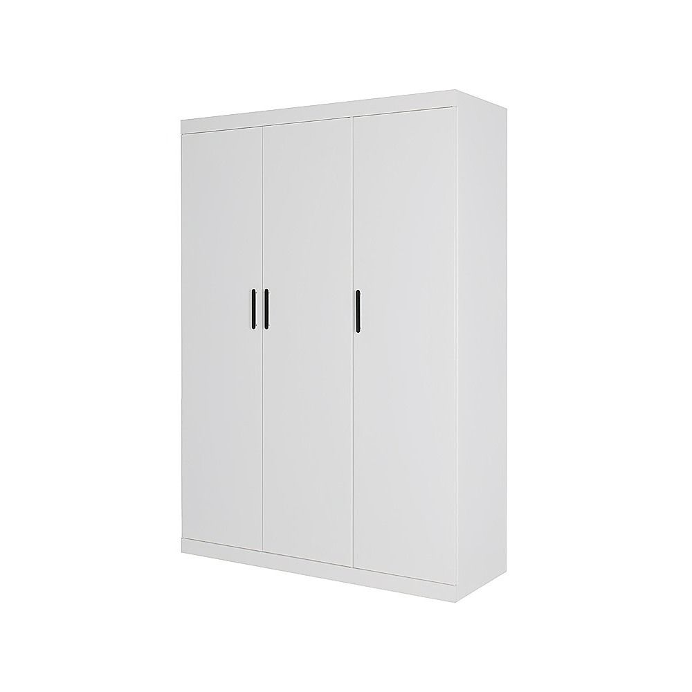 3 Door White Wardrobe – Black Handles, Hanging Rail & Shelves
