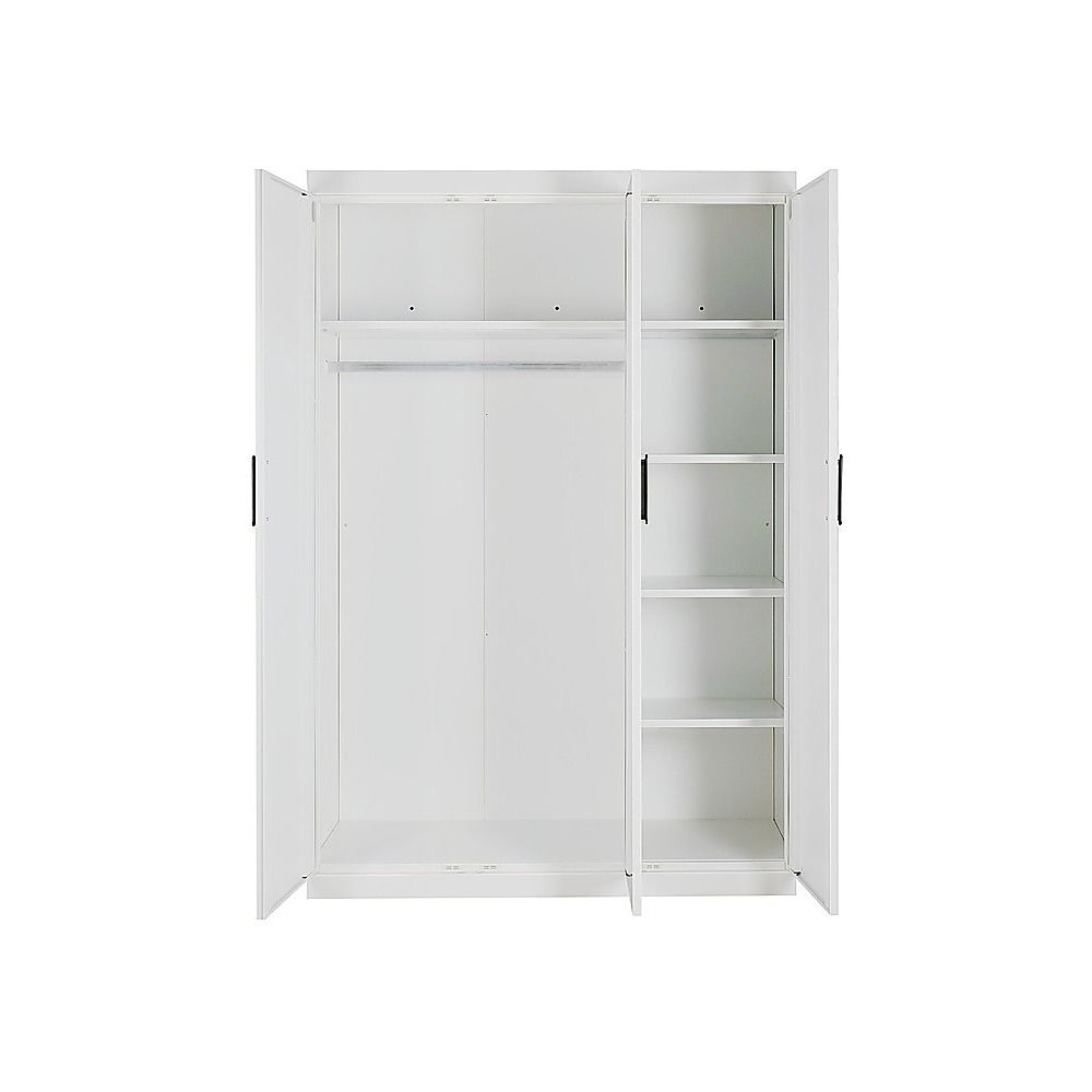 3 Door White Wardrobe – Black Handles, Hanging Rail & Shelves