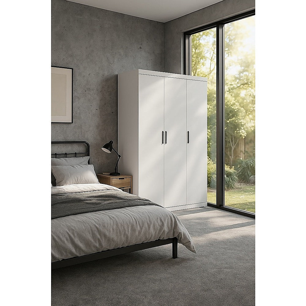 3 Door White Wardrobe – Black Handles, Hanging Rail & Shelves - YDS.com.au