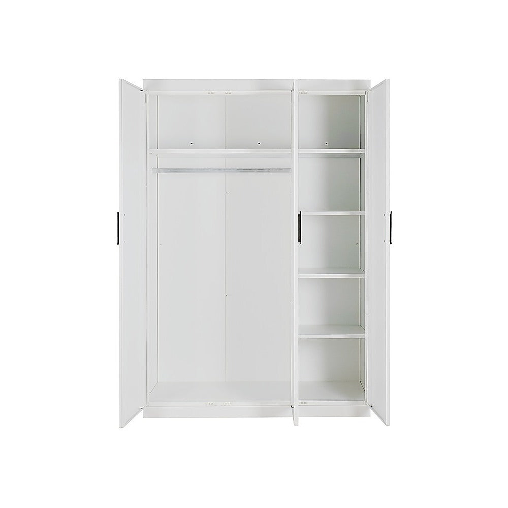 3 Door White Wardrobe – Black Handles, Hanging Rail & Shelves - YDS.com.au