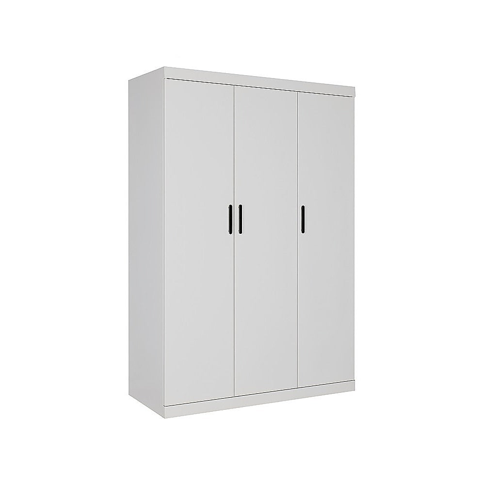 3 Door White Wardrobe – Black Handles, Hanging Rail & Shelves - YDS.com.au